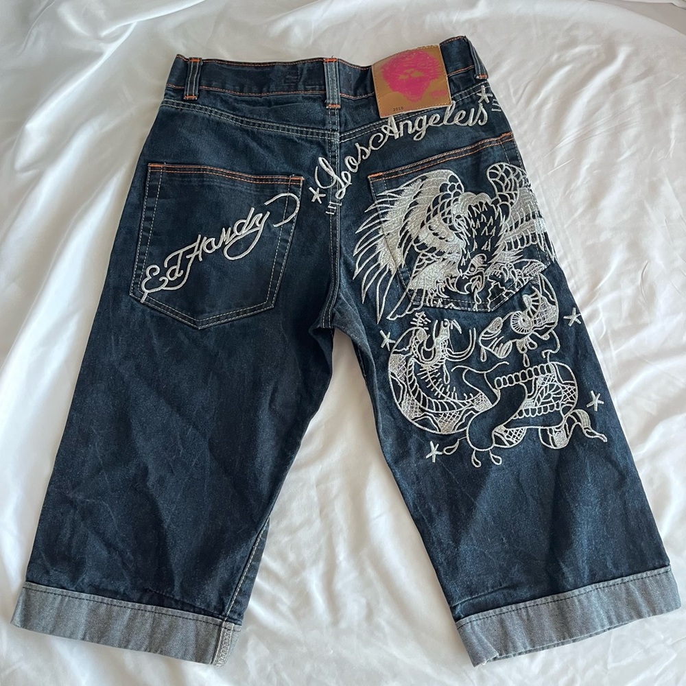 RARE Ed Hardy Tiger Skull Jean SHORTS Sz 30 Y2K Tattoo Denim Limited Edition